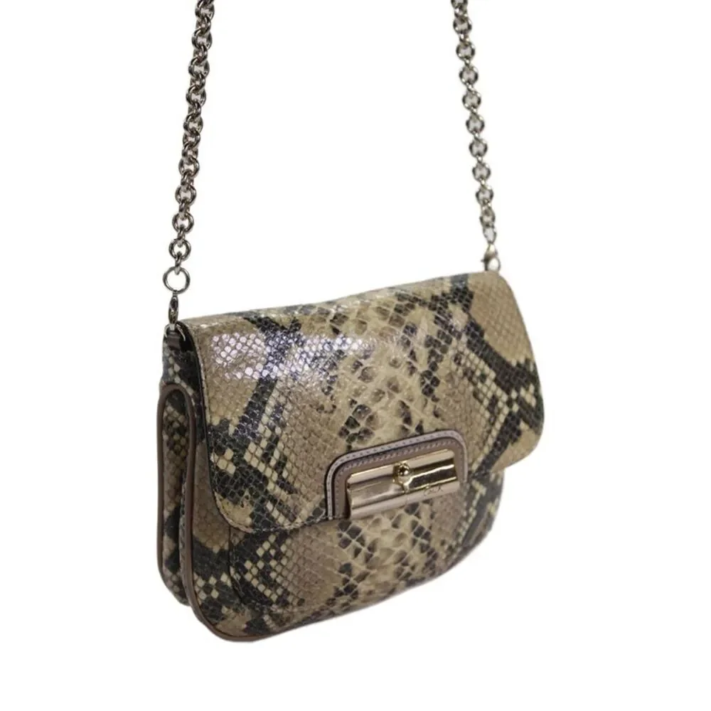 Coach Womens Chain Strap Snakeskin Printed Flap Shoulder Handbag Brown